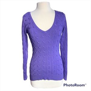 Strand V-Neck Cable Knit Sweater Purple Long Sleeve Preppy Size M